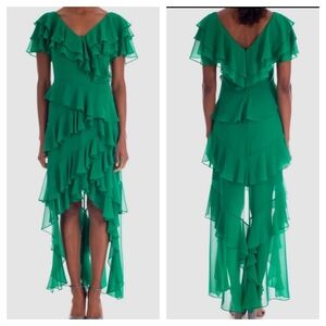 Badgley Mischka Women's Green High-Low Tiered Ruffle Gown Dress Size 16